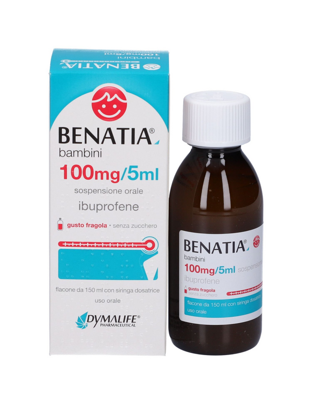 benatia benatia 150ml 100mg/5ml sospensione orale senza zucchero per bambini - analgesico e antinfiammatorio con gusto fragola e arancia - foto 1