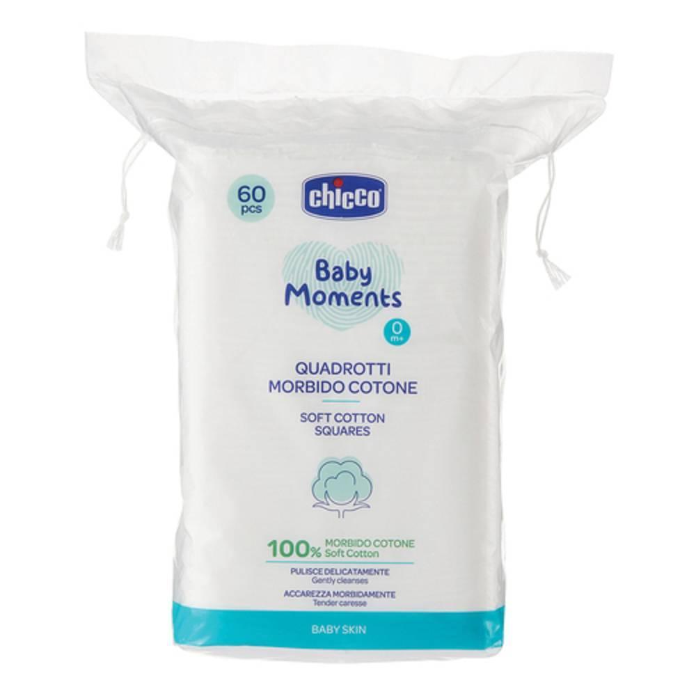 chicco quadrotti morbidi in cotone puri 100% per igiene bambino - confezione da 60 pezzi - foto 1