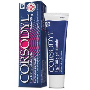 Gel dentale  30g con clorexidina per igiene orale e trattamento antisettico della bocca, uso esterno, non ingerire.