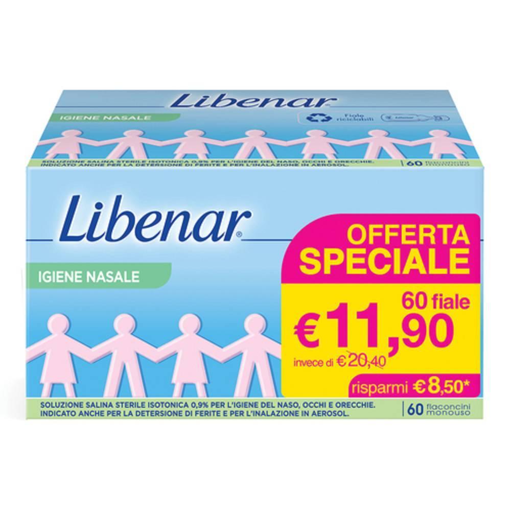 libenar soluzione salina sterile isotonica per igiene nasale, oculare e auricolare - 60 flaconcini monodose da 5 ml per neonati e adulti - foto 1