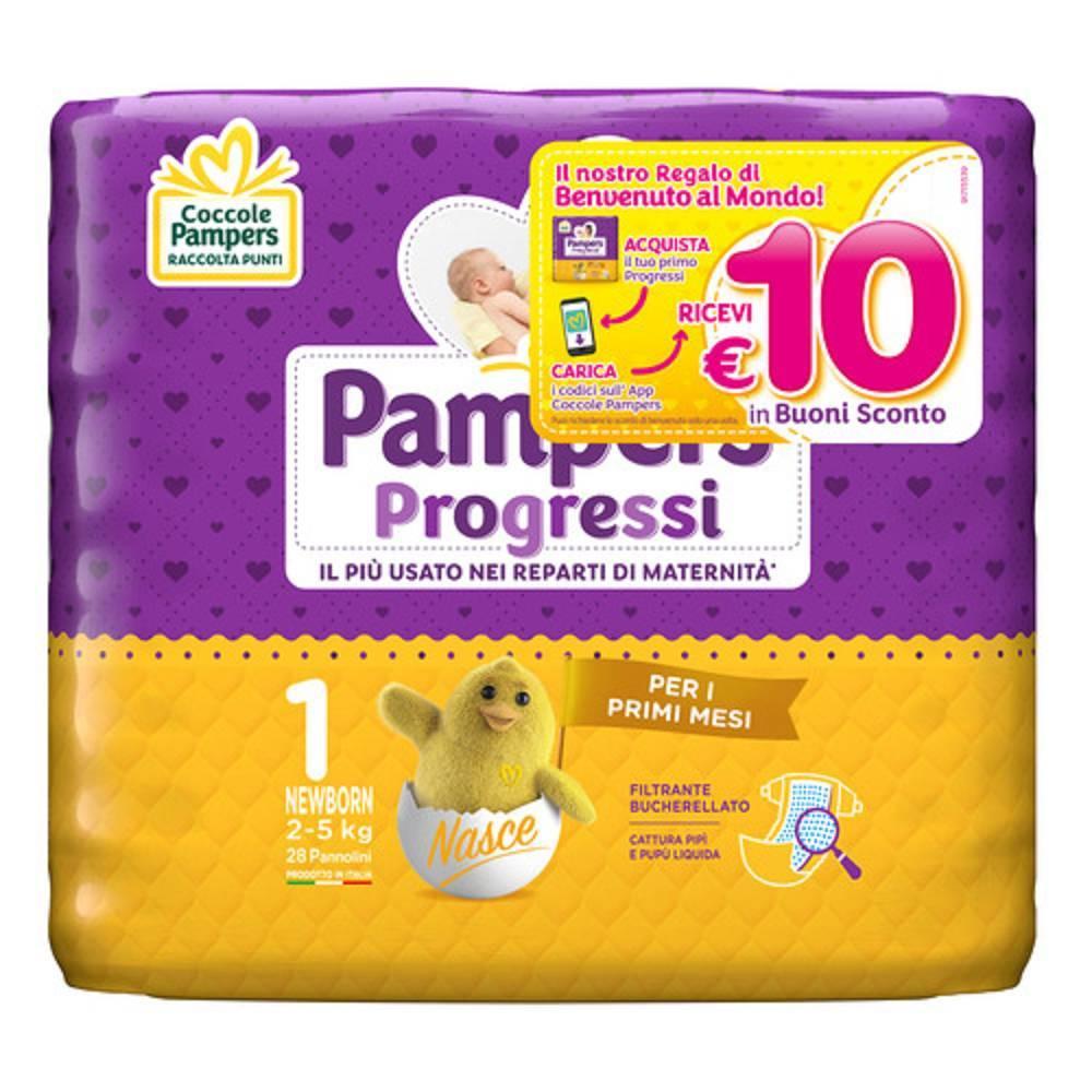 pampers pannolini pampers progressi newborn 28 pezzi, taglia 1 (2-5 kg), assorbenza efficace e indicatore di bagnato per neonati - foto 1