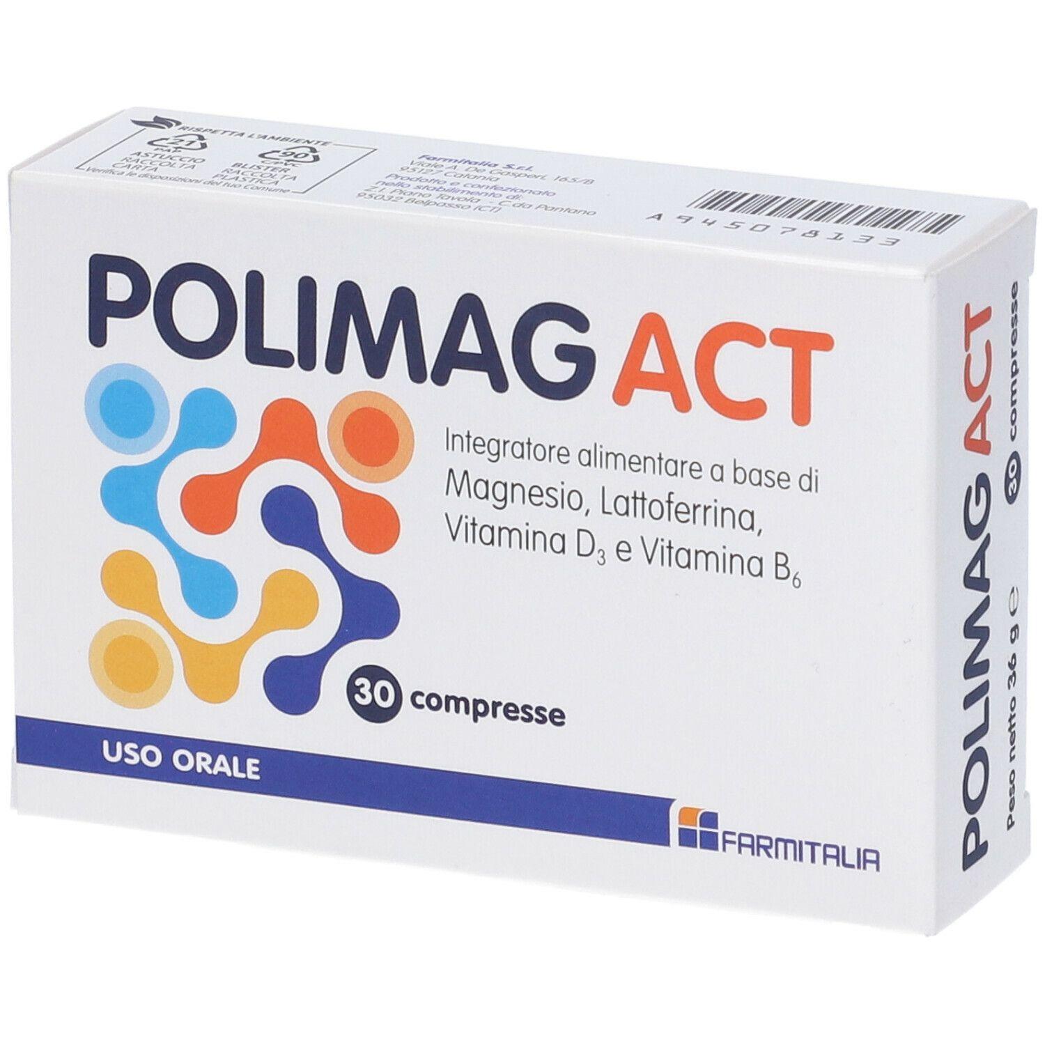 polimag integratore polimag act 30 compresse - magnesio, vitamina d3, lattoferrina e vitamina b6 per energia e benessere immunitario - foto 1