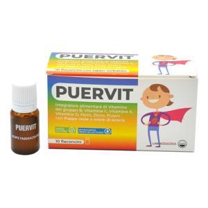Integratore alimentare puervit 10 flaconcini da 10 ml con vitamine del gruppo b, vitamina d, a, c, ferro, zinco, pappa reale e miele di acacia