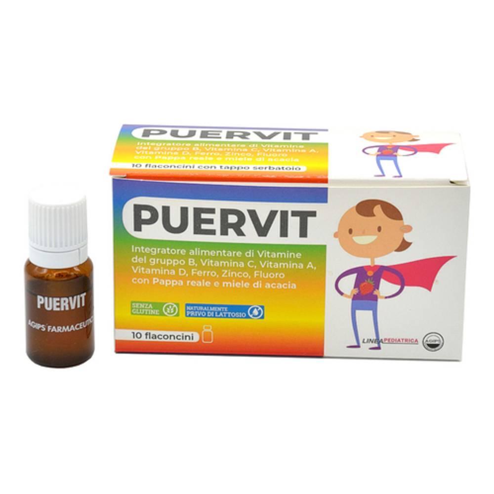 agips farmaceutici integratore alimentare puervit 10 flaconcini da 10 ml con vitamine del gruppo b, vitamina d, a, c, ferro, zinco, pappa reale e miele di acacia - foto 1