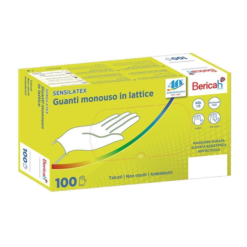 bericah guanti monouso in lattice talcati di grado medicale taglia m - sensilatex, confezione da 100 pezzi, ideali per laboratori e settore dentale - foto 1