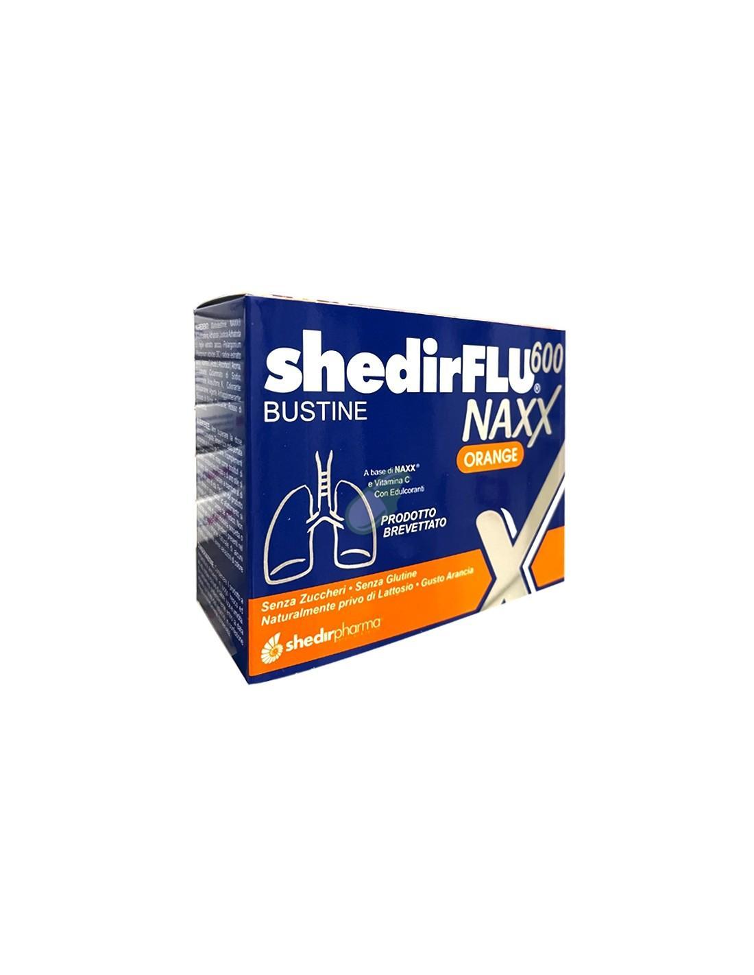 shedir complemento alimentare shedirflu 600 naxx con vitamina c e adhatoda - 20 bustine gusto arancia per benessere gola e sistema immunitario - foto 1