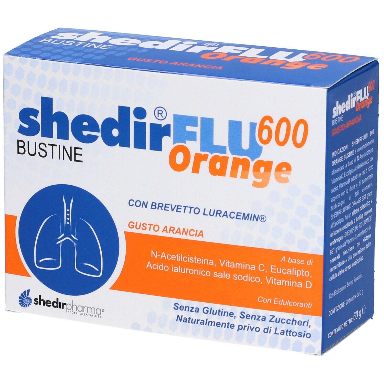 shedir shedirflu 600 orange - complemento alimentare con n-acetilcisteina, vitamina c ed eucalipto per supporto respiratorio - 20 bustine - foto 1