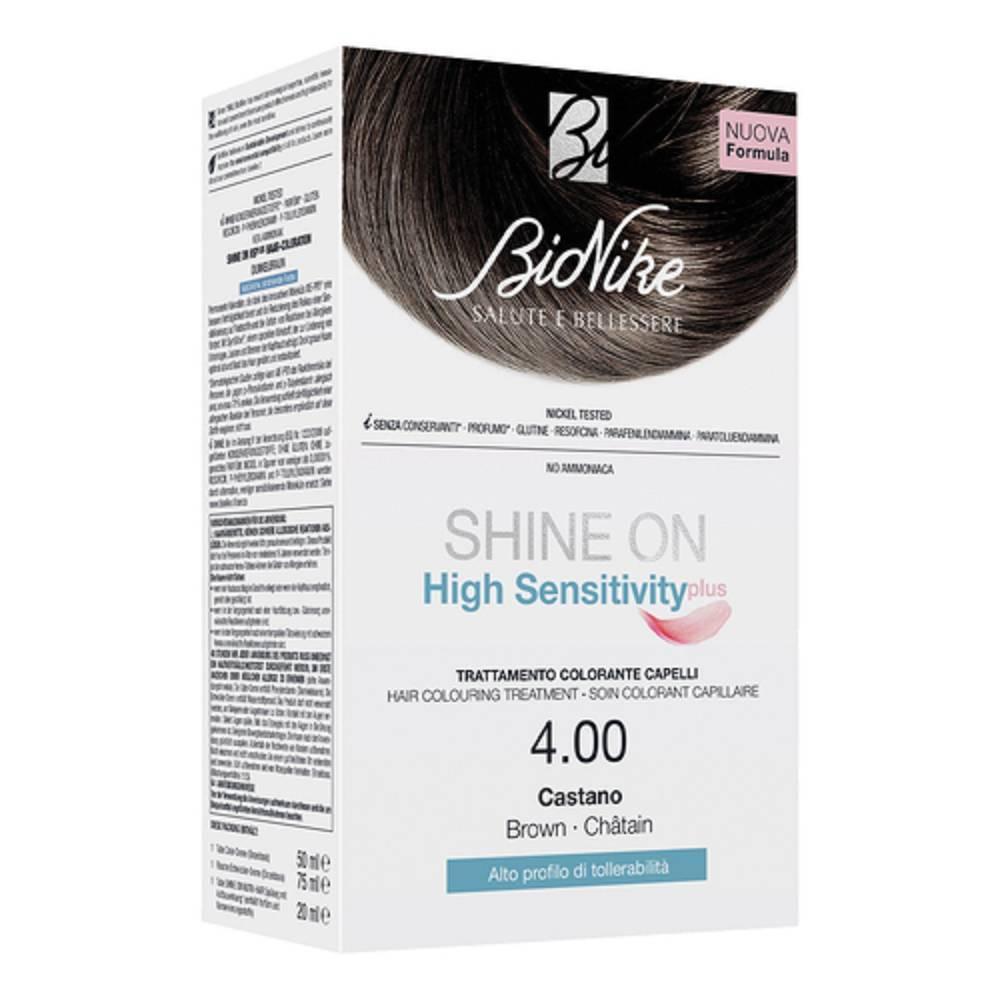 bionike trattamento colorante shine on high sensitivity plus 4.00 castano - colore permanente per capelli sensibili e allergici - foto 1
