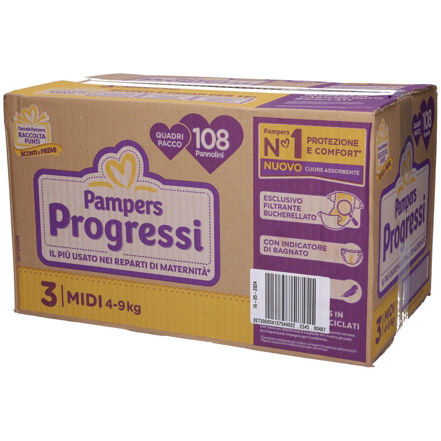 pampers pannolini pampers progressi taglia 3 midi 108 pannolini con cuore assorbente e indicatore di bagnato per comfort e protezione - foto 1