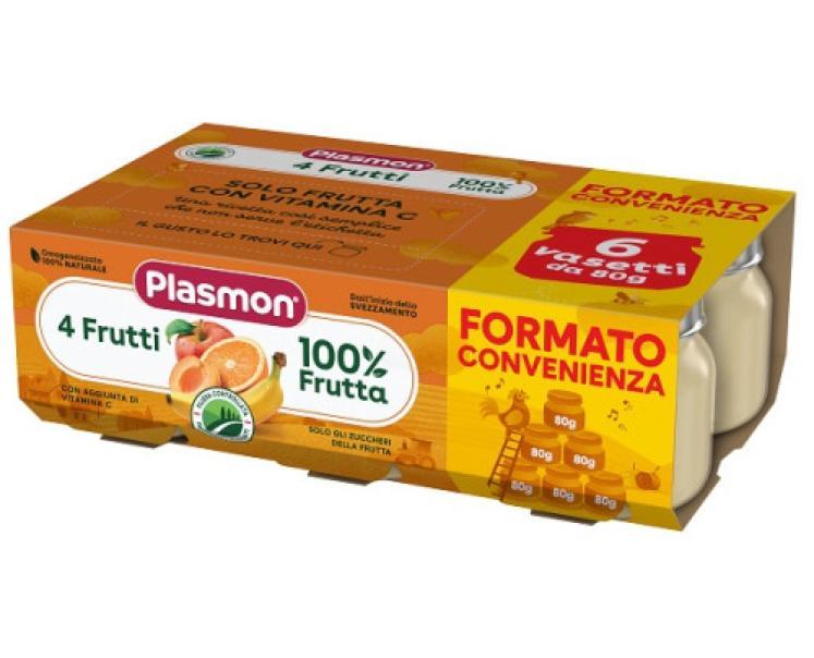 plasmon omogeneizzato per infanzia plasmon 4 frutti 6 vasetti da 80 g - mela, banana, albicocca, arancia, senza glutine, ideale da 6 mesi - foto 1