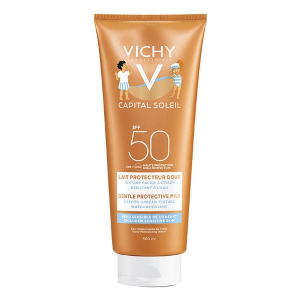vichy vichy capital soleil, latte delicato per bambini spf50, per pelli sensibili, protezione immediata e alta contro i danni dei raggi uv, con mexoryl, minerali e acqua vulcanica di vichy, 300 ml - foto 1
